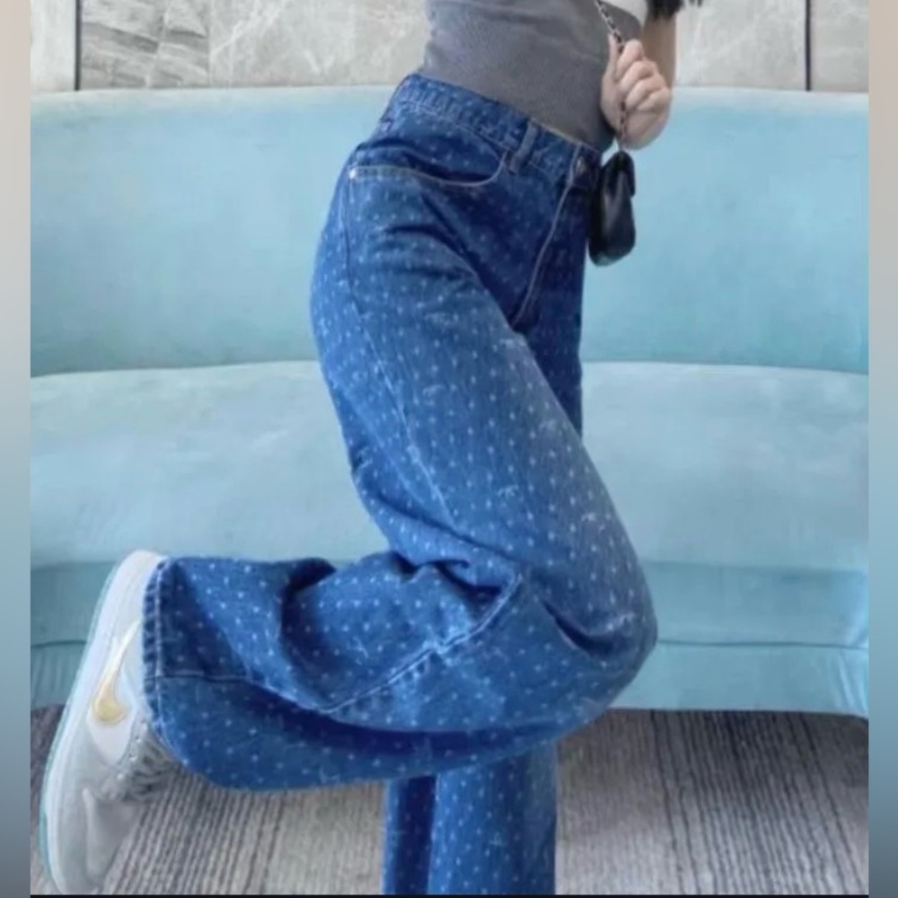 Telepatia Blue Women's Jeans with pattern 16W Wide Leg